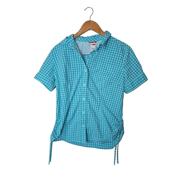The North Face Teal Check Pattern Vapor Wick Short Sleeve Blouse Women's Large - Picture 1 of 5